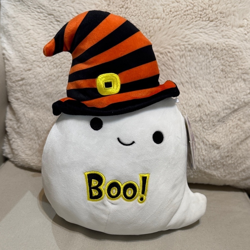 Squishmallows Grace Ghost with Black and Orange Striped Hat